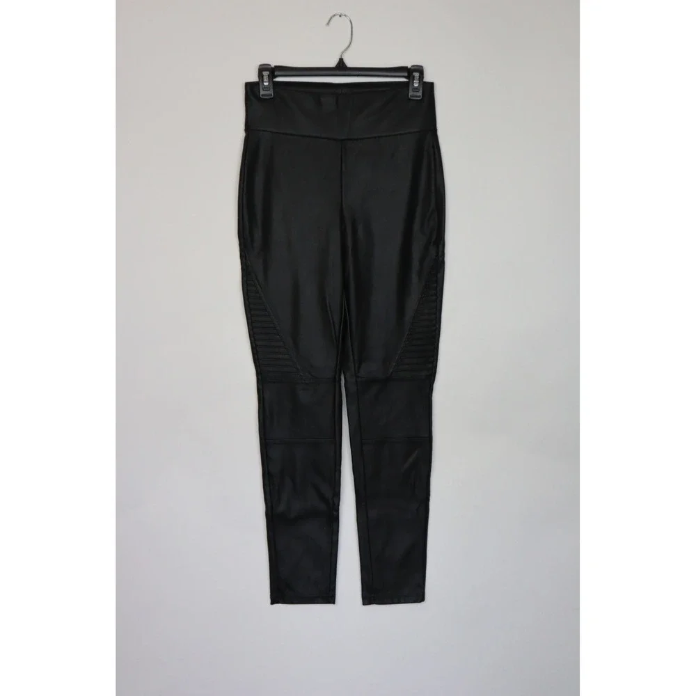 BBJ Los Angeles Women's Black Faux Leather Pants with Ribbed Thigh Detail Size L